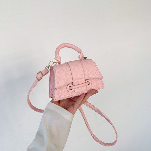 Mini Textured Leather Top-Handle Bag – Micro Crossbody Purse with Belt Buckle Accent