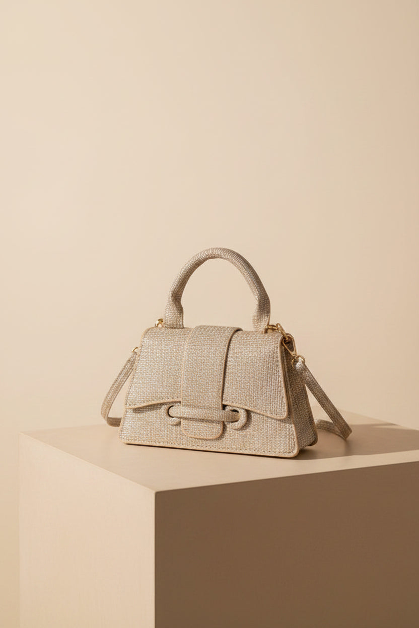 Sparkling Mini Textured Leather Top-Handle Bag – Micro Crossbody Purse with Belt Buckle Accent