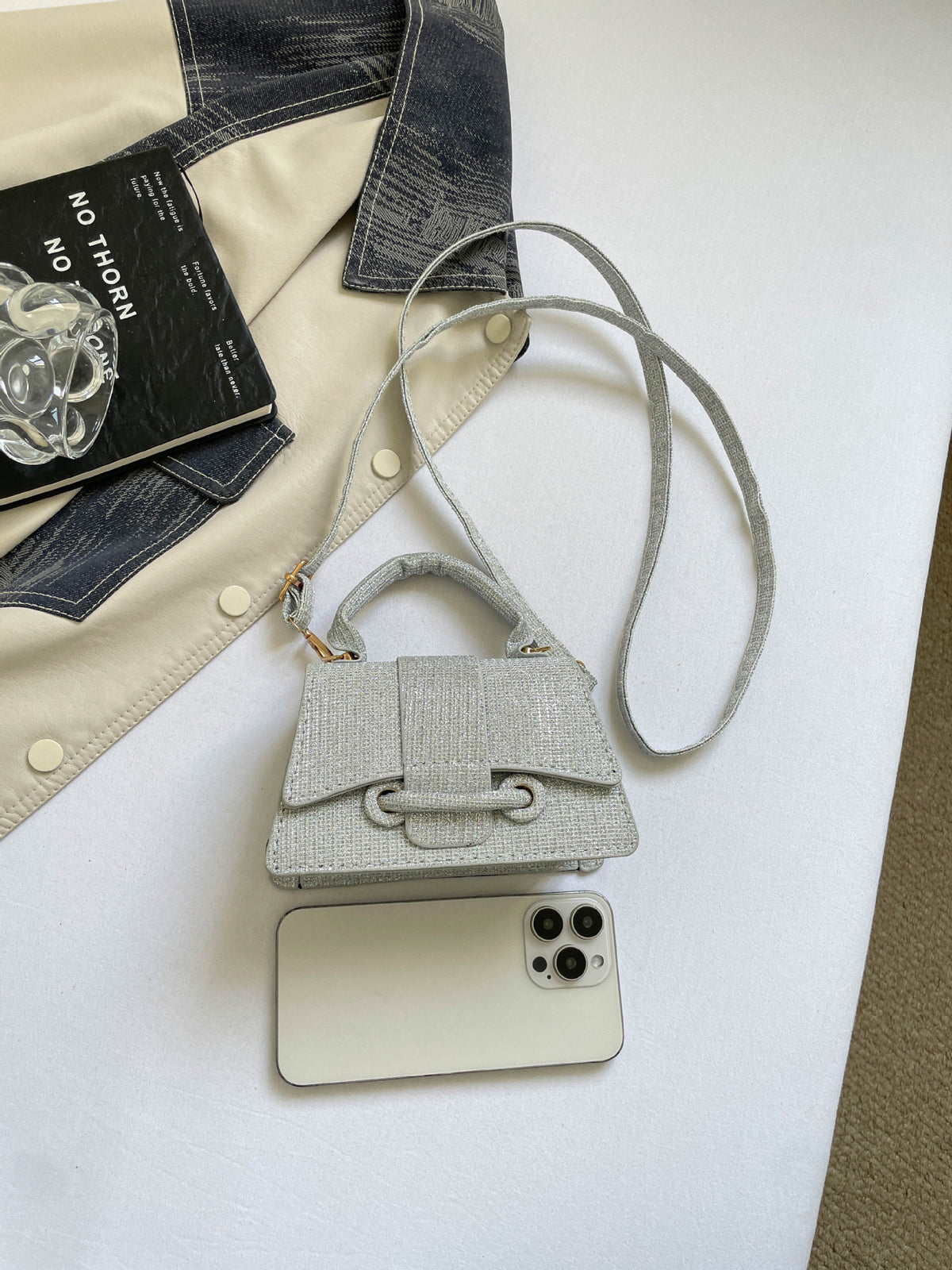 Sparkling Mini Textured Leather Top-Handle Bag – Micro Crossbody Purse with Belt Buckle Accent
