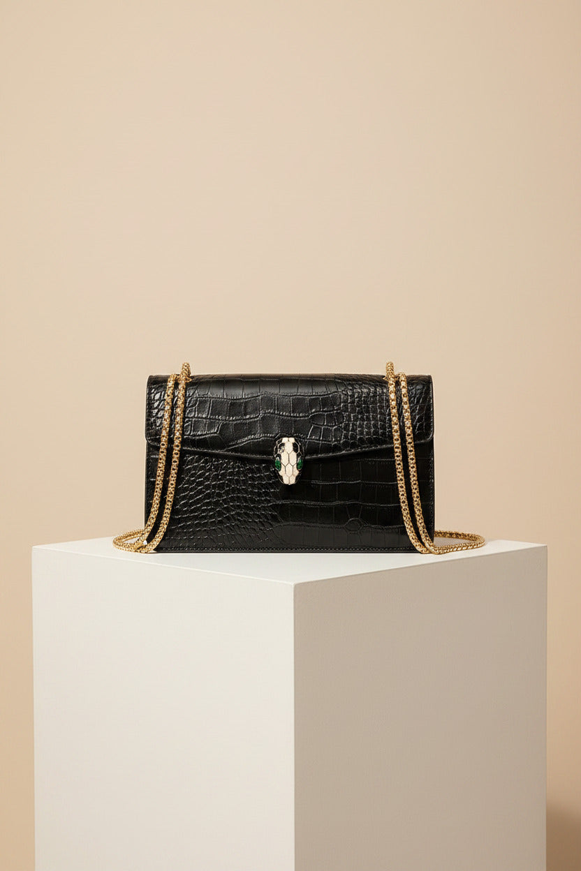 Luxe Croc-Embossed Snakehead Chain Crossbody Bag