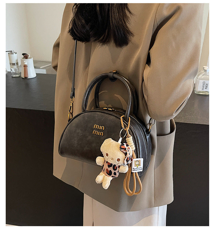 Vintage Dome Top-Handle Bag with Cute Bear Keychain