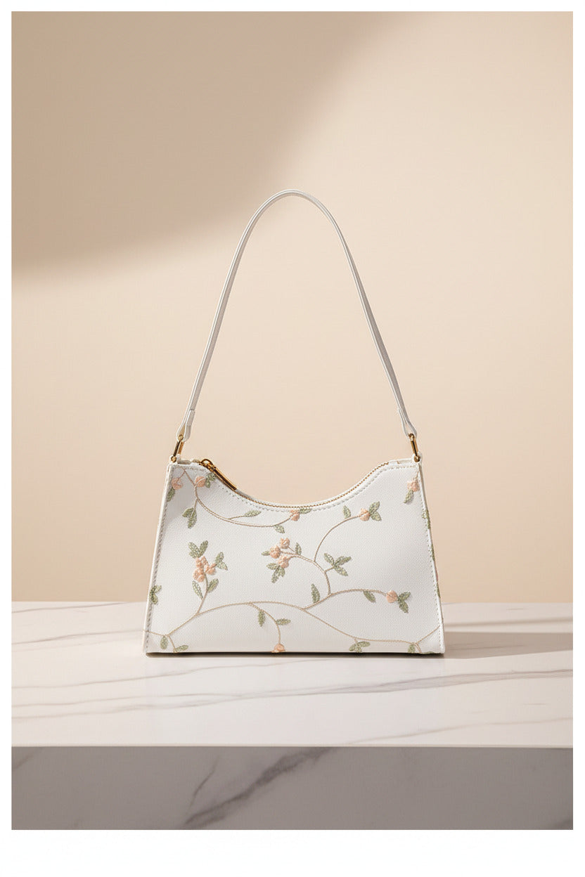 Vintage Mesh Vine & Floral Shoulder Bag – Cream White