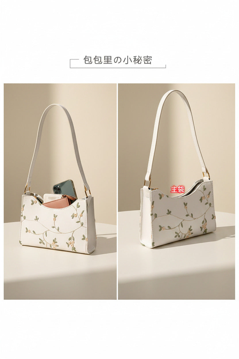 Vintage Mesh Vine & Floral Shoulder Bag – Cream White