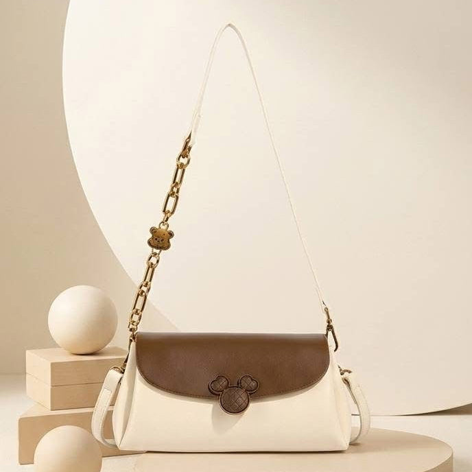 Classic Mouse Emblem Leather Shoulder Bag with Chunky Gold Chain Accents