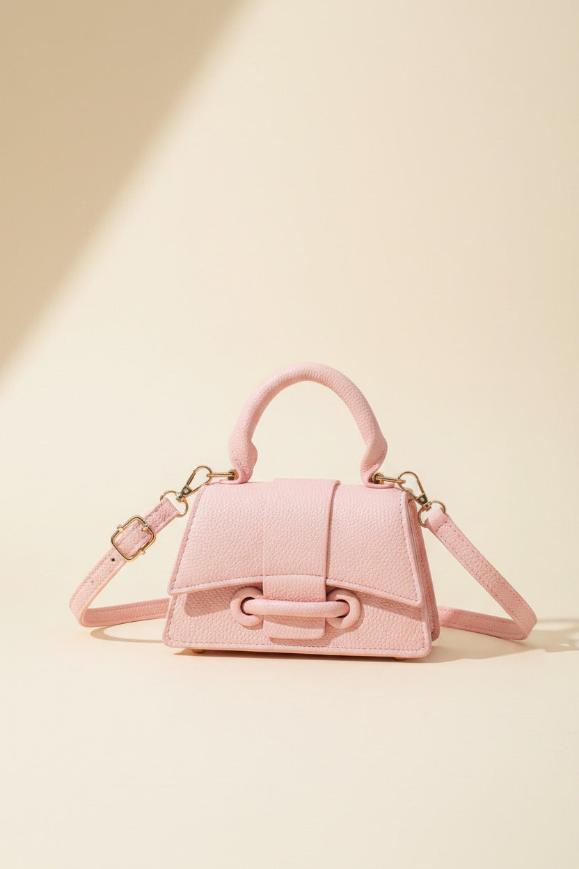 Mini Textured Leather Top-Handle Bag – Micro Crossbody Purse with Belt Buckle Accent