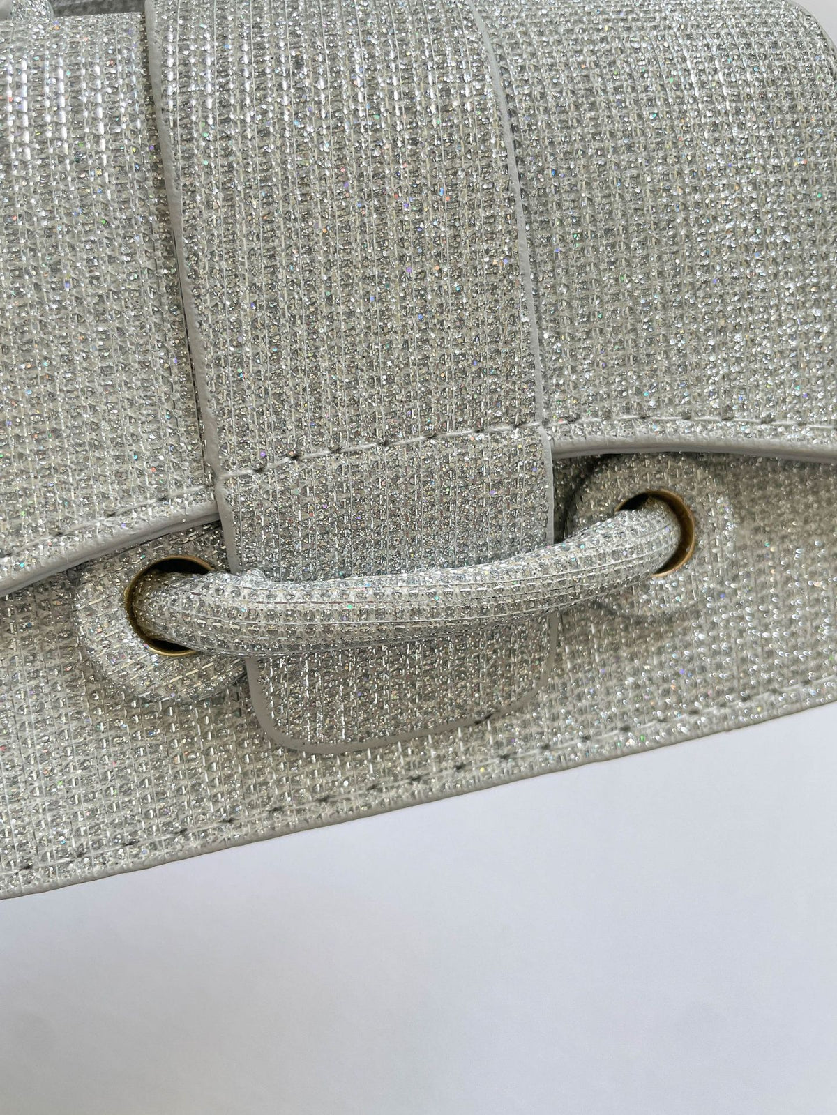 Sparkling Mini Textured Leather Top-Handle Bag – Micro Crossbody Purse with Belt Buckle Accent