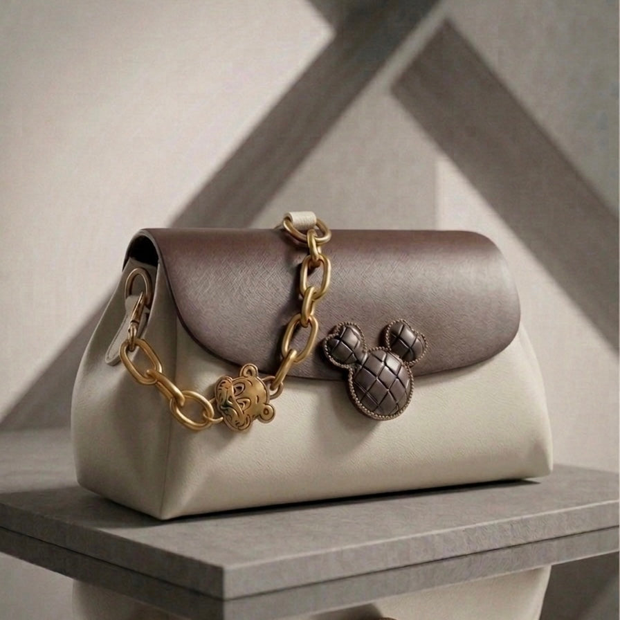 Classic Mouse Emblem Leather Shoulder Bag with Chunky Gold Chain Accents