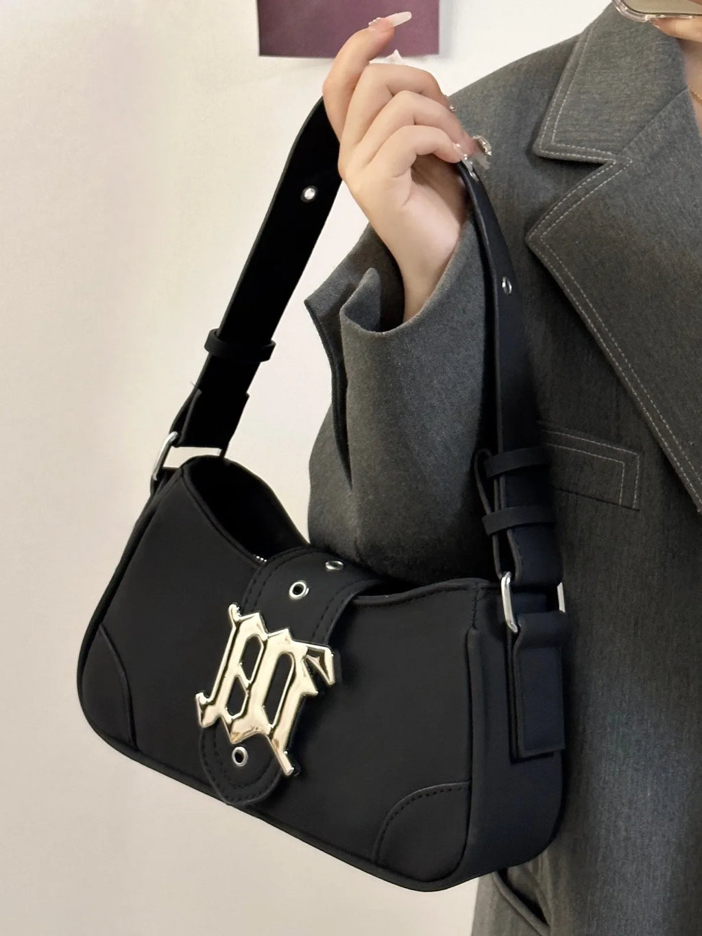Gothic "M" Monogram Crescent Shoulder Bag with Dual Straps