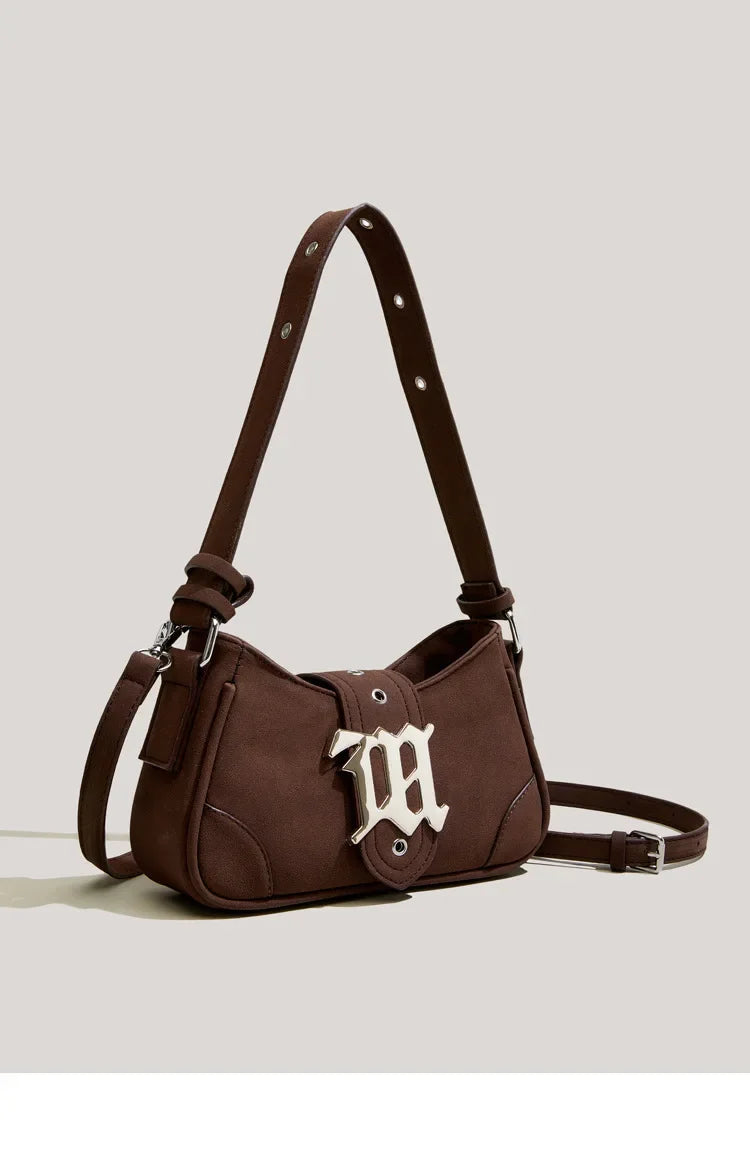 Gothic "M" Monogram Crescent Shoulder Bag with Dual Straps