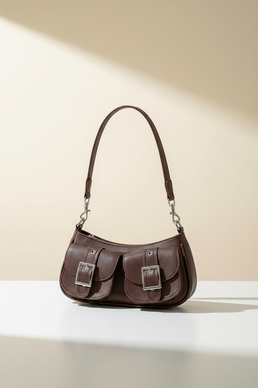 A dark brown pebbled leather shoulder bag with two front flap pockets and silver-tone buckle details, laid flat on a textured off-white fabric background.