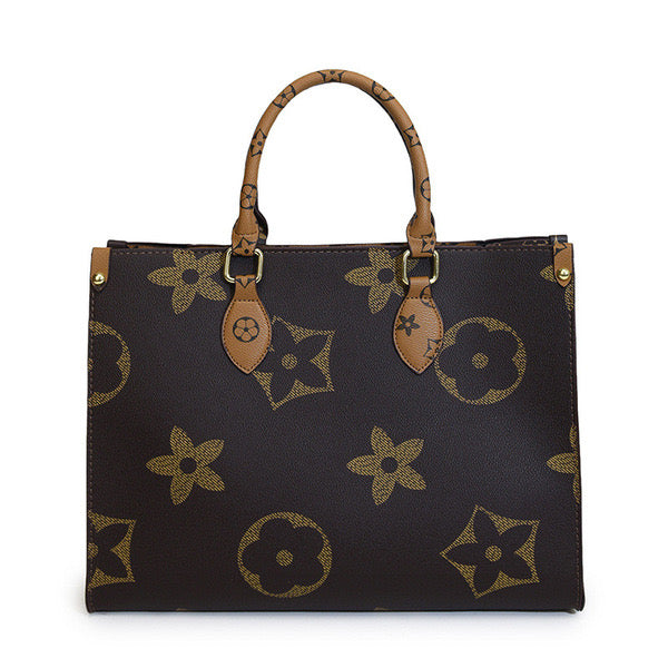 Vintage Monogram Print Structured Tote Bag – Large Capacity Top-Handle Shoulder Purse