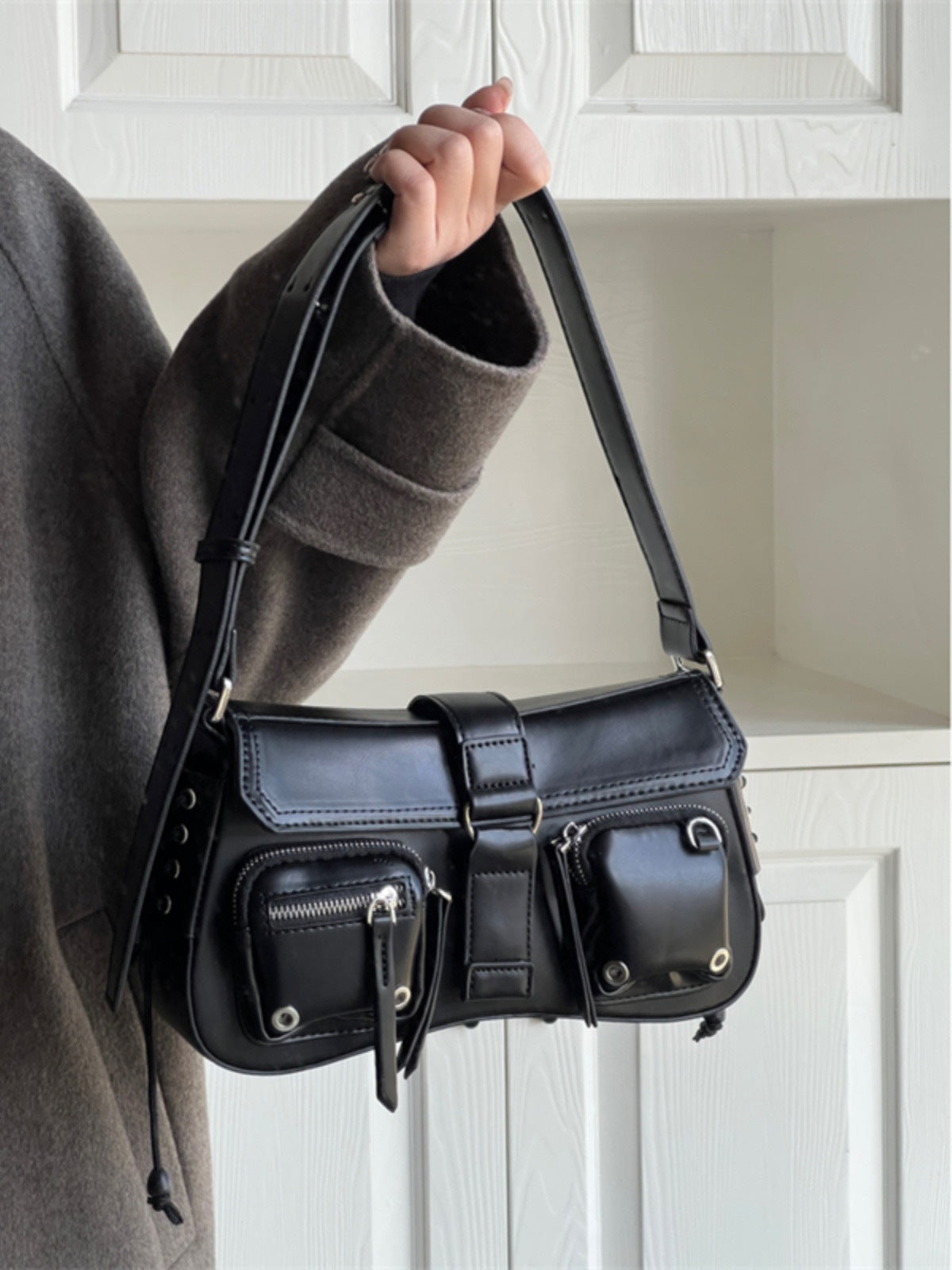 Edgy Multi-Pocket Cargo Flap Shoulder Bag