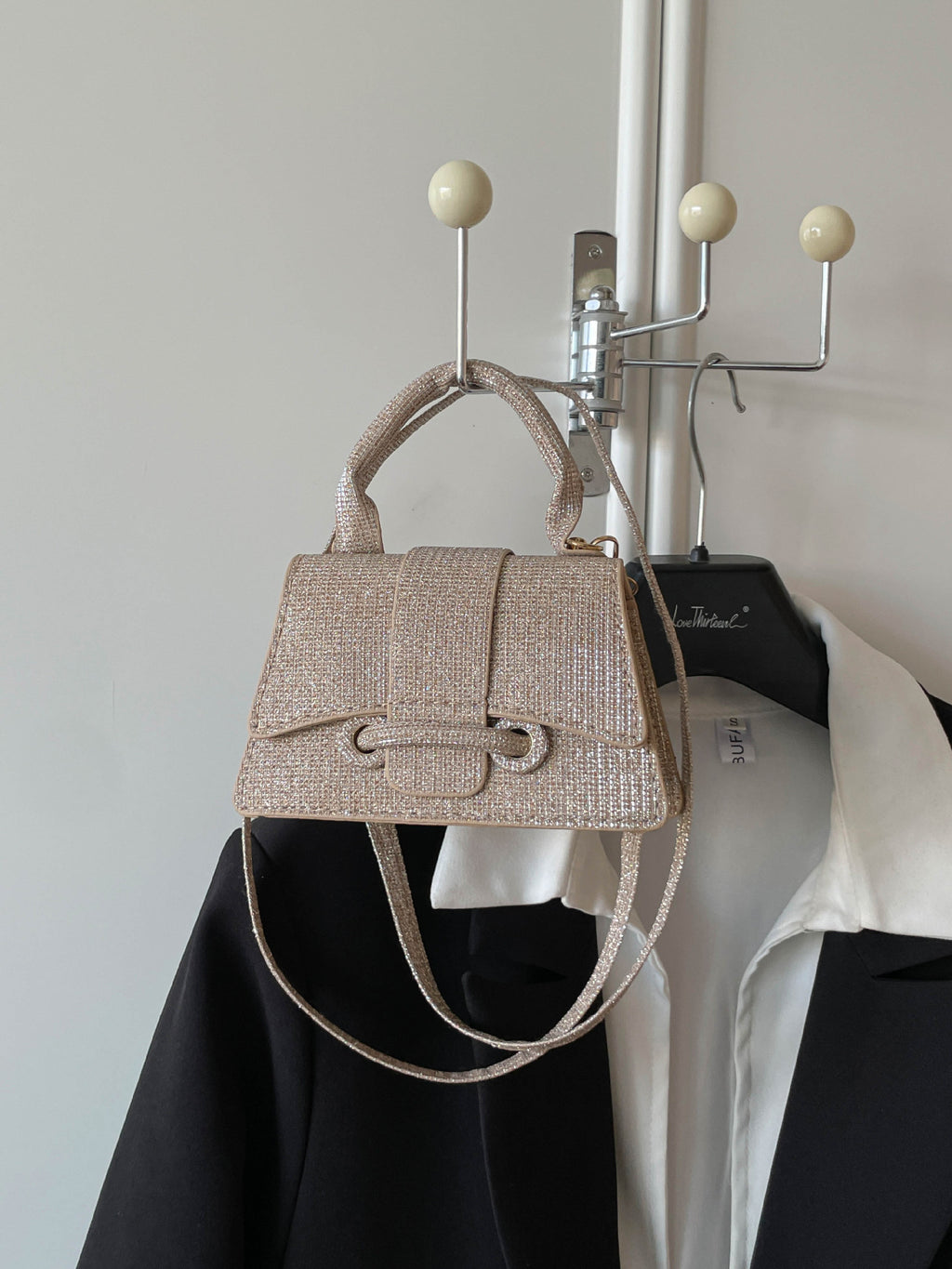 Sparkling Mini Textured Leather Top-Handle Bag – Micro Crossbody Purse with Belt Buckle Accent