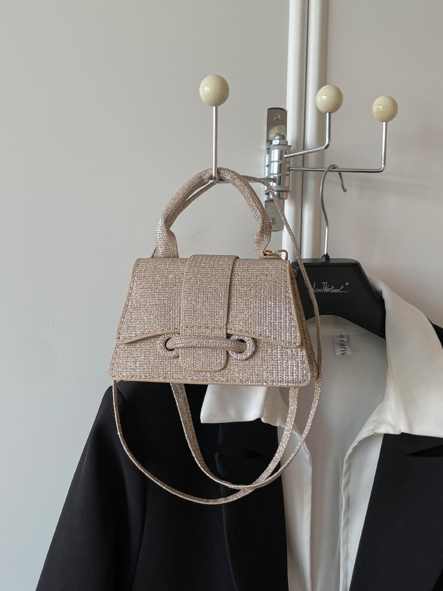 Sparkling Mini Textured Leather Top-Handle Bag – Micro Crossbody Purse with Belt Buckle Accent