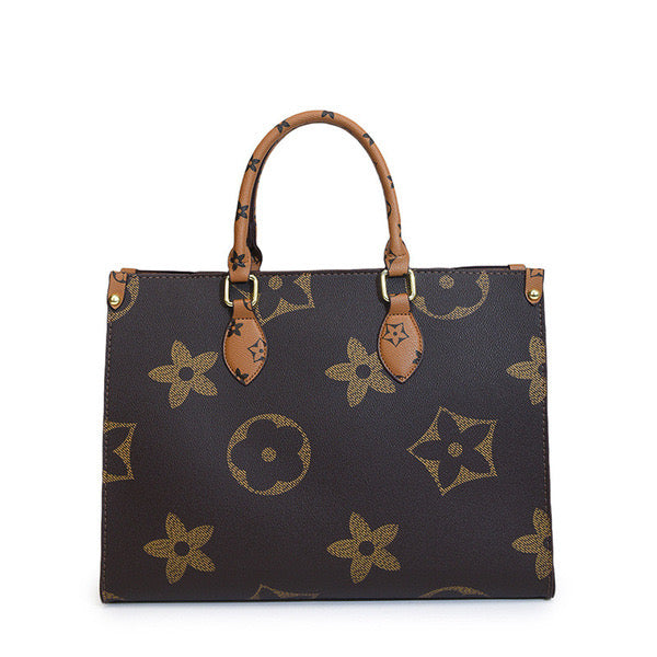 Vintage Monogram Print Structured Tote Bag – Large Capacity Top-Handle Shoulder Purse