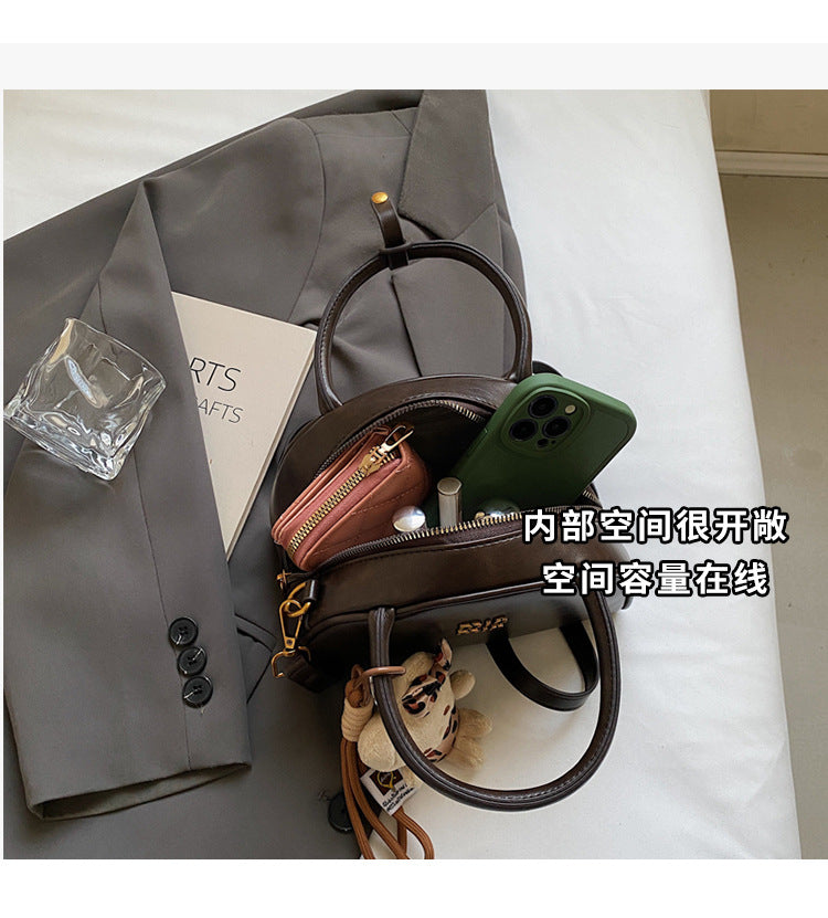 Vintage Dome Top-Handle Bag with Cute Bear Keychain