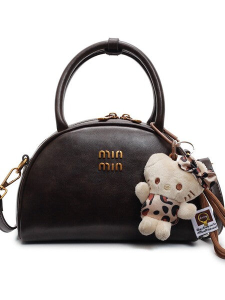 Vintage Dome Top-Handle Bag with Cute Bear Keychain