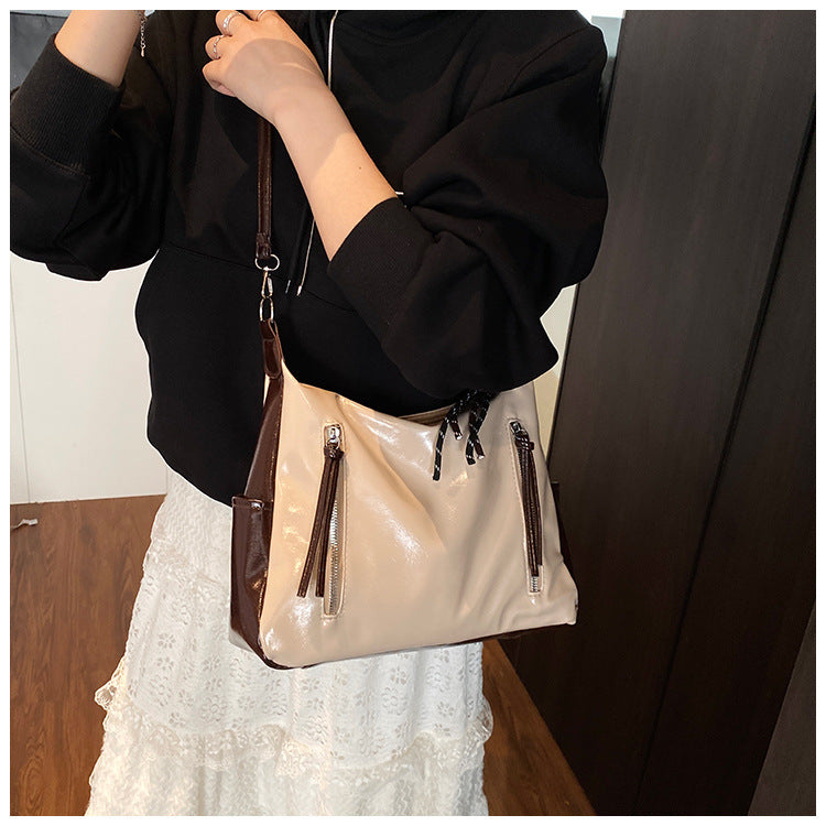 Slouchy Zipper Pocket Hobo Shoulder Bag with Contrast Trim