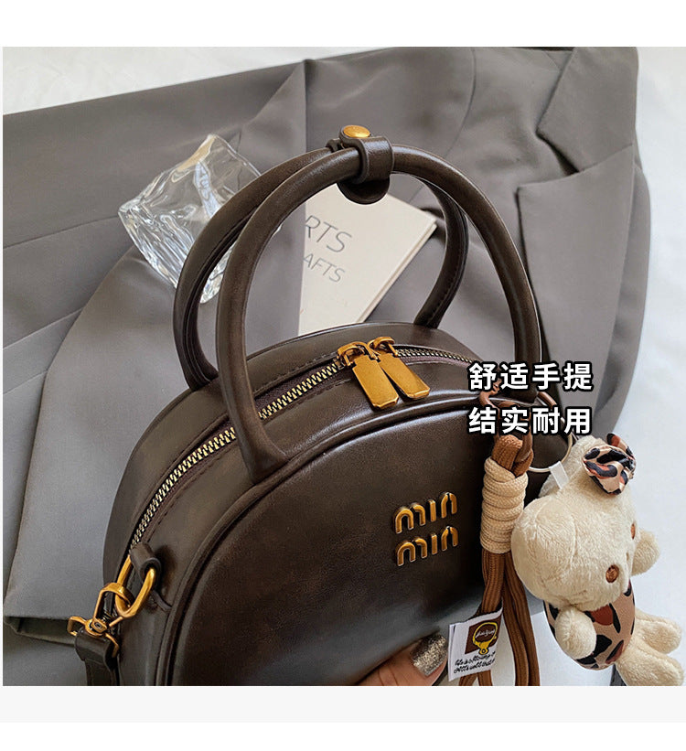 Vintage Dome Top-Handle Bag with Cute Bear Keychain