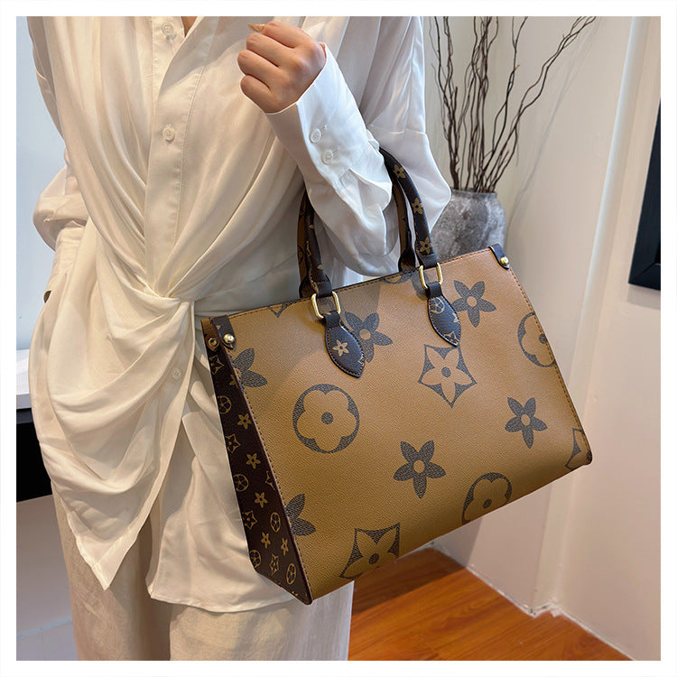 Vintage Monogram Print Structured Tote Bag – Large Capacity Top-Handle Shoulder Purse