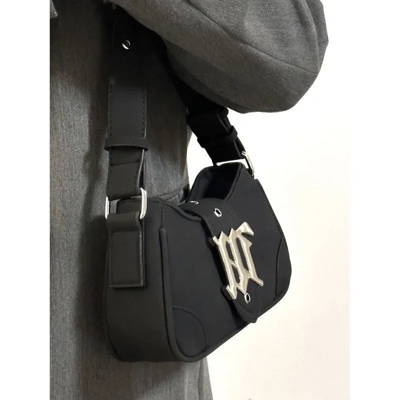 Gothic "M" Monogram Crescent Shoulder Bag with Dual Straps