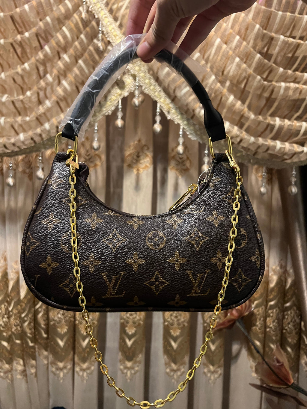 Classic Monogram Crescent Hobo Bag with Chain Accent (BOX AND DUST BAG INCLUDED)