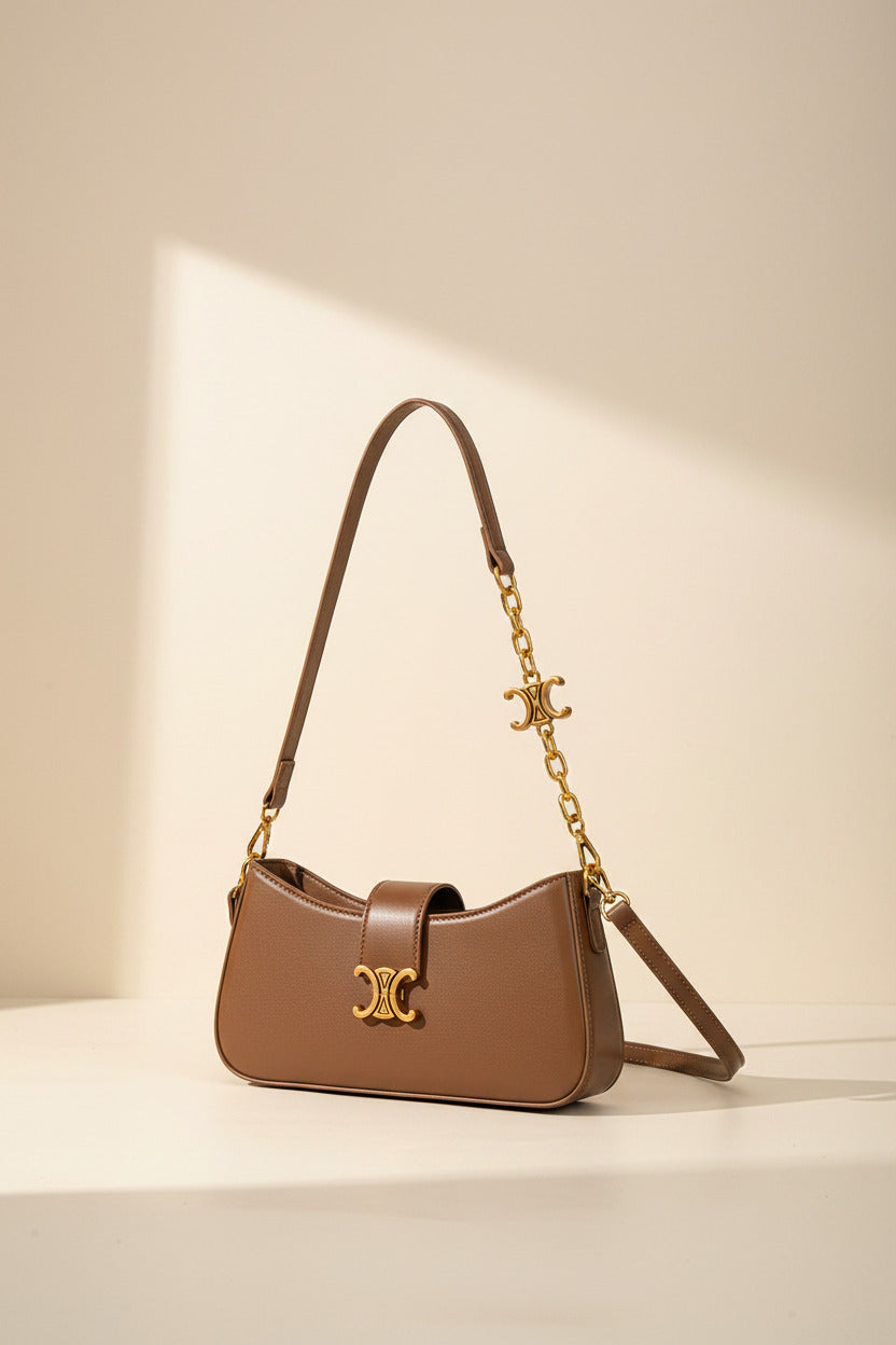 Chic Triomphe Clasp Shoulder Bag with Chain & Belt Straps