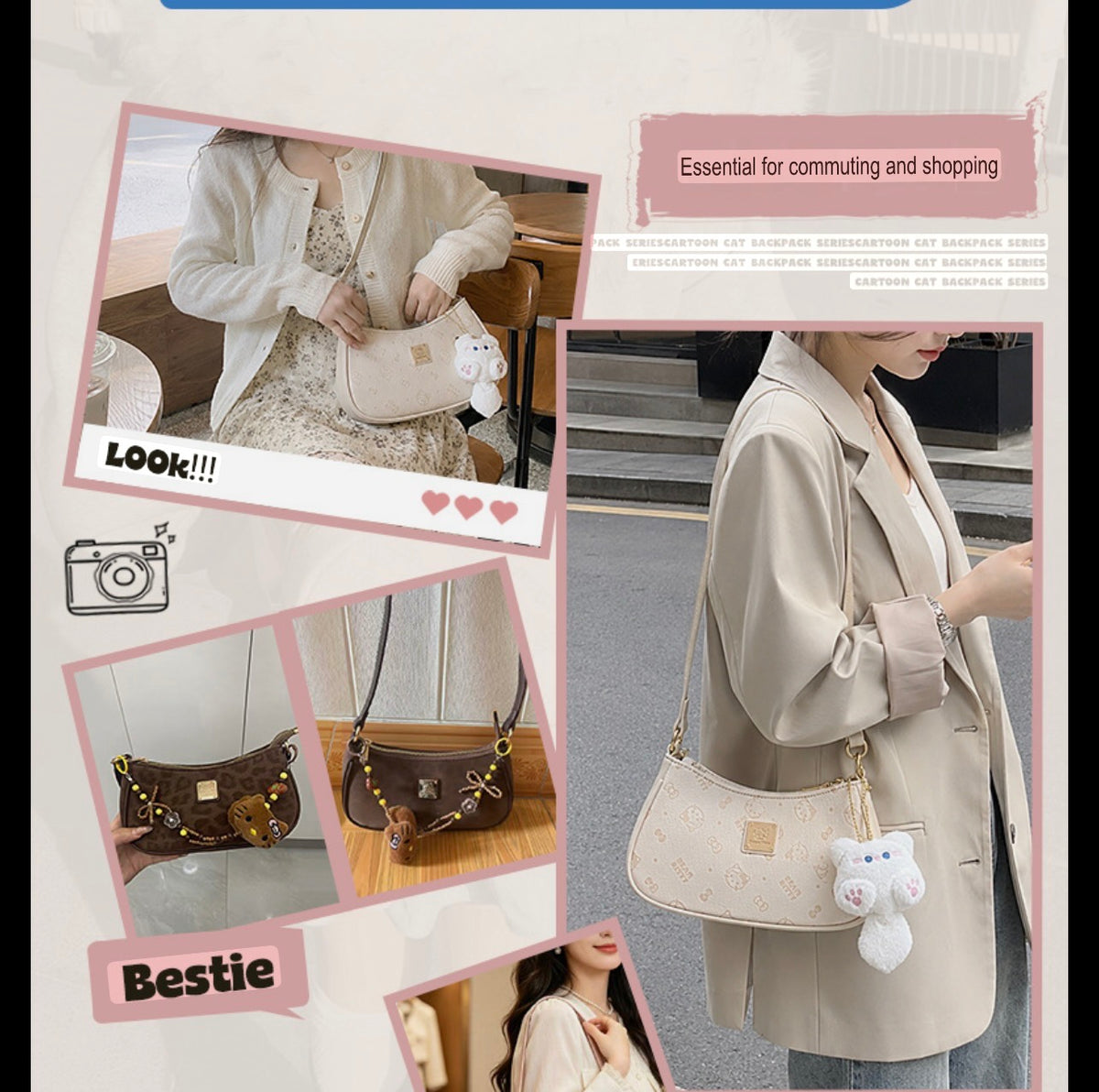 Beam Kitty Crescent Shoulder Bag with Pendant