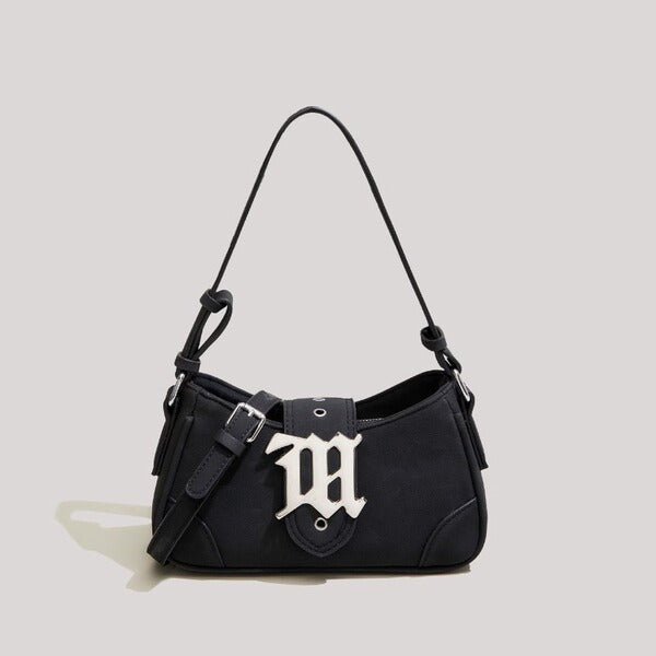 Gothic "M" Monogram Crescent Shoulder Bag with Dual Straps