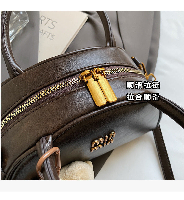 Vintage Dome Top-Handle Bag with Cute Bear Keychain