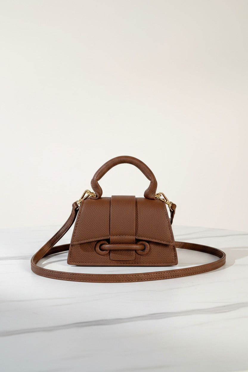 Mini Textured Leather Top-Handle Bag – Micro Crossbody Purse with Belt Buckle Accent