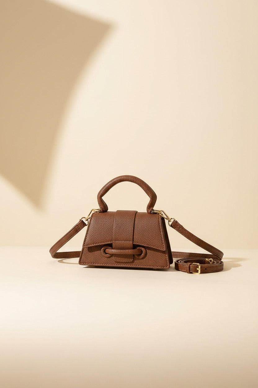 Mini Textured Leather Top-Handle Bag – Micro Crossbody Purse with Belt Buckle Accent