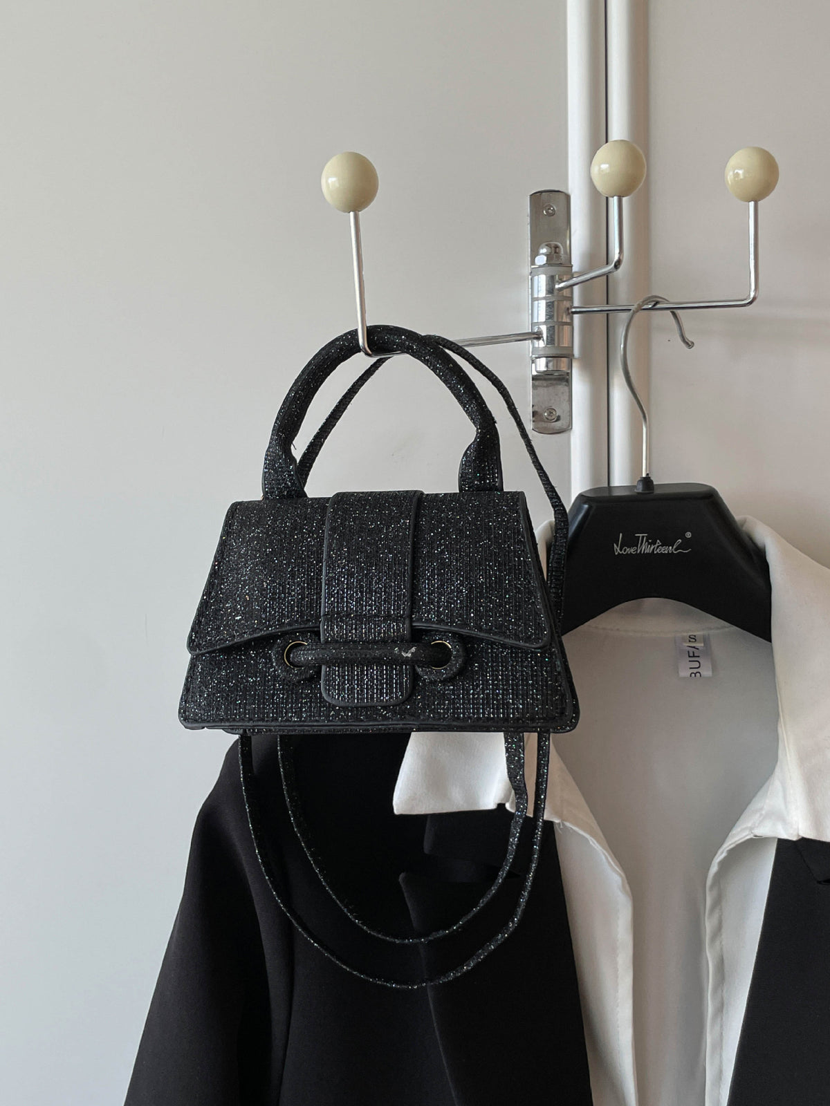 Sparkling Mini Textured Leather Top-Handle Bag – Micro Crossbody Purse with Belt Buckle Accent