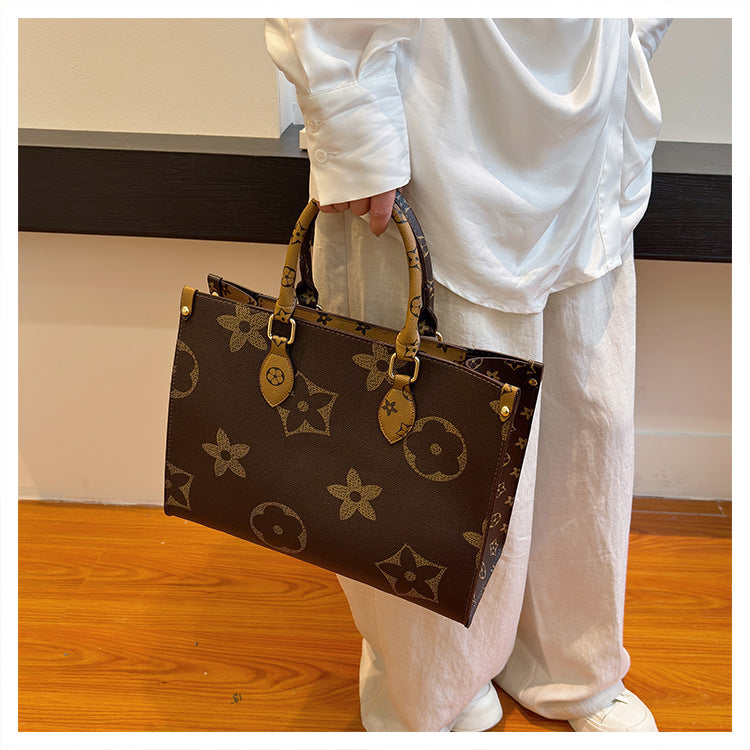 Vintage Monogram Print Structured Tote Bag – Large Capacity Top-Handle Shoulder Purse