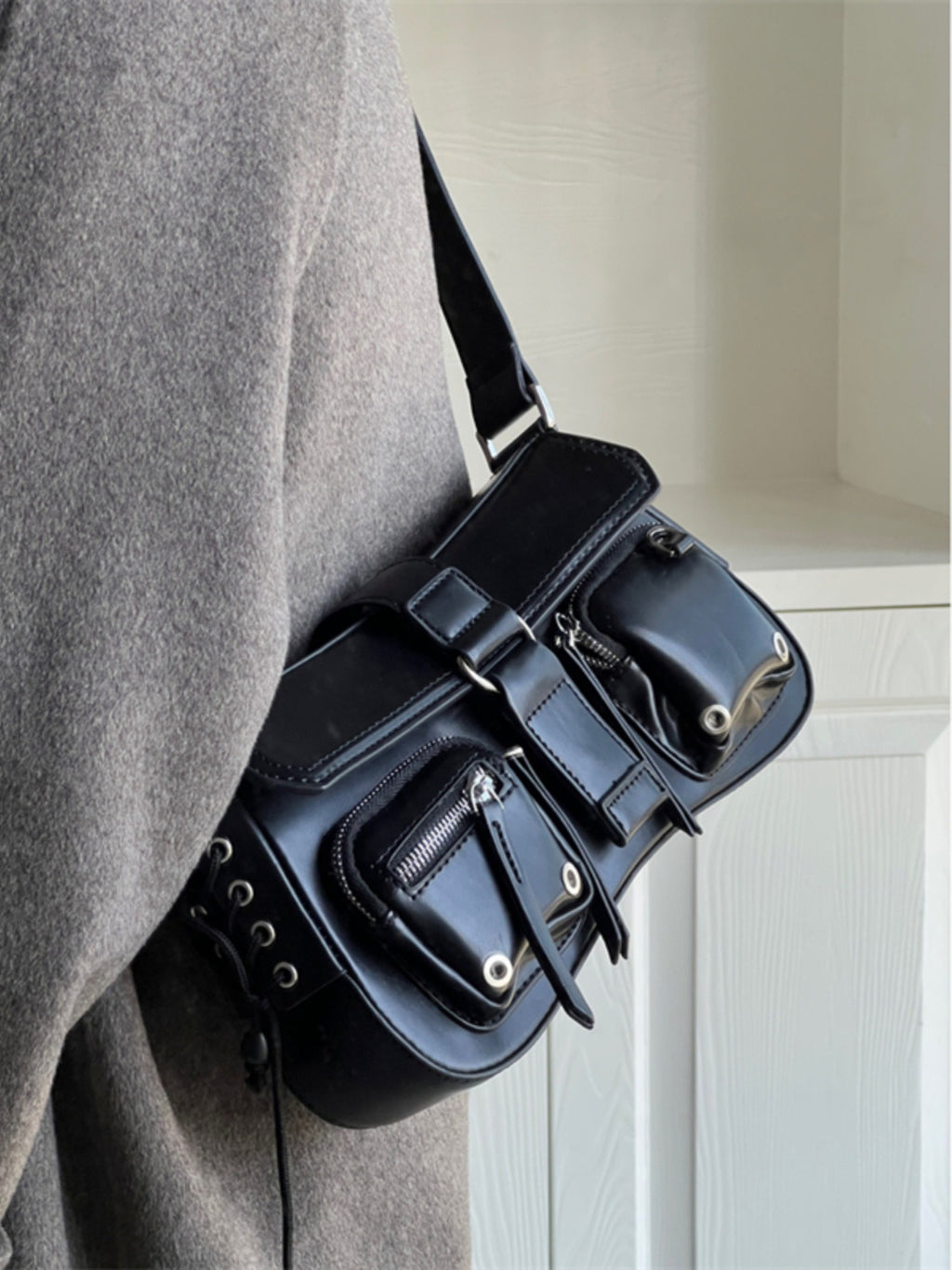 Edgy Multi-Pocket Cargo Flap Shoulder Bag