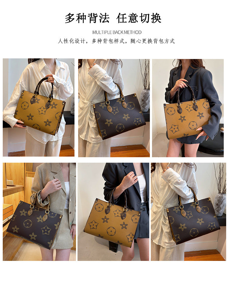 Vintage Monogram Print Structured Tote Bag – Large Capacity Top-Handle Shoulder Purse