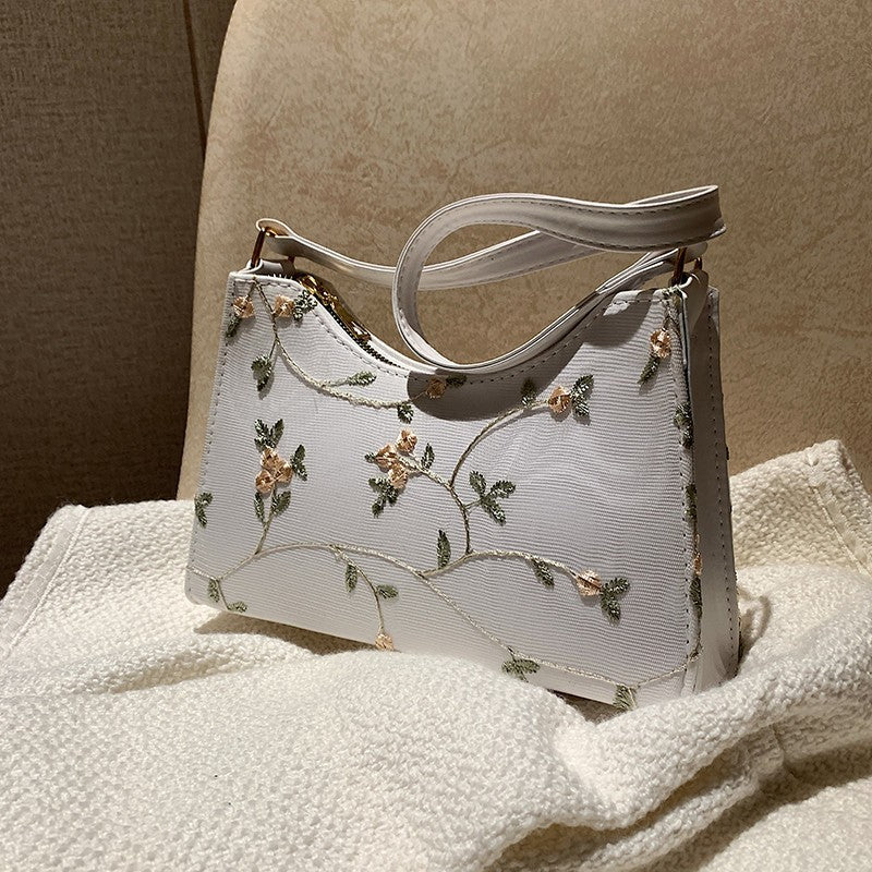 Vintage Mesh Vine & Floral Shoulder Bag – Cream White