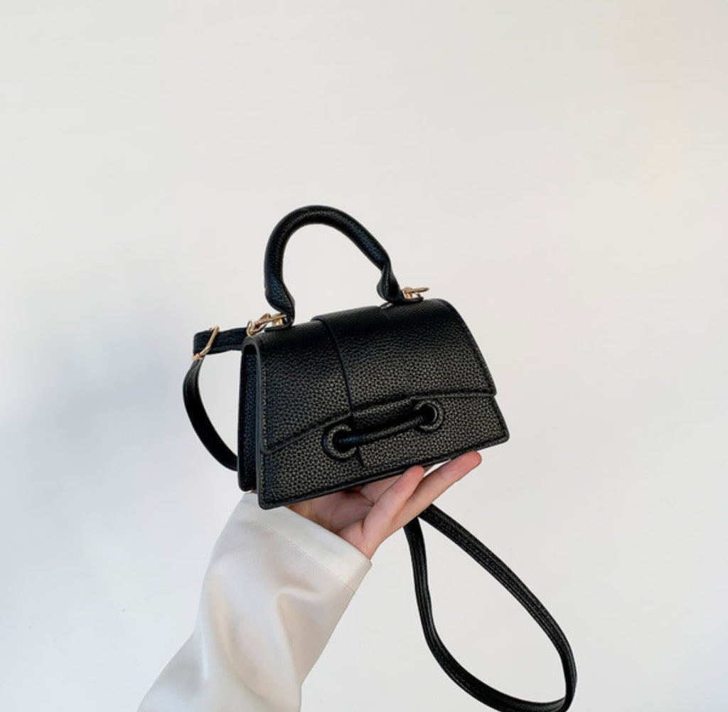 Mini Textured Leather Top-Handle Bag – Micro Crossbody Purse with Belt Buckle Accent