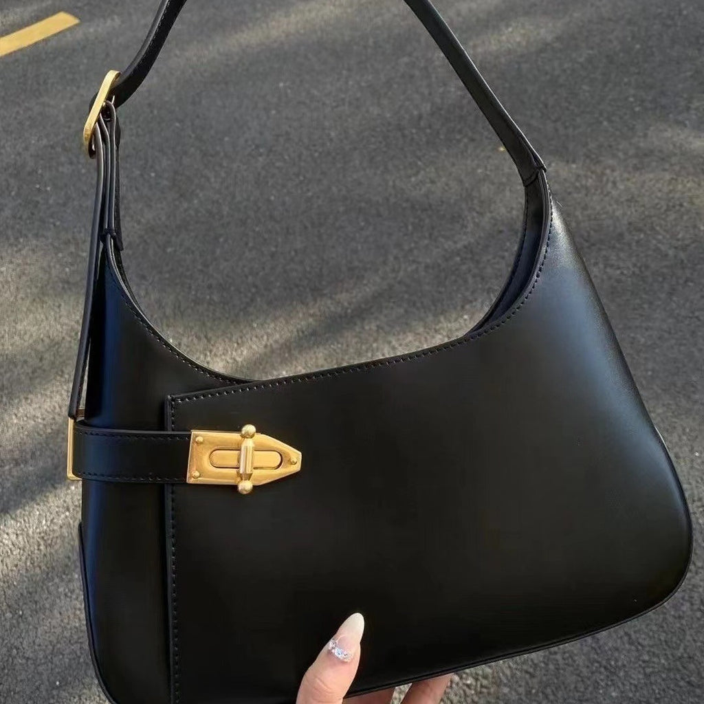 Minimalist Crescent Shoulder Bag with Buckle Accent and Adjustable Strap