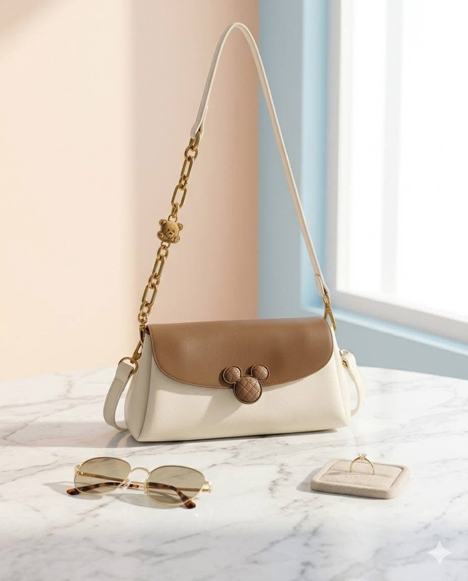 Classic Mouse Emblem Leather Shoulder Bag with Chunky Gold Chain Accents