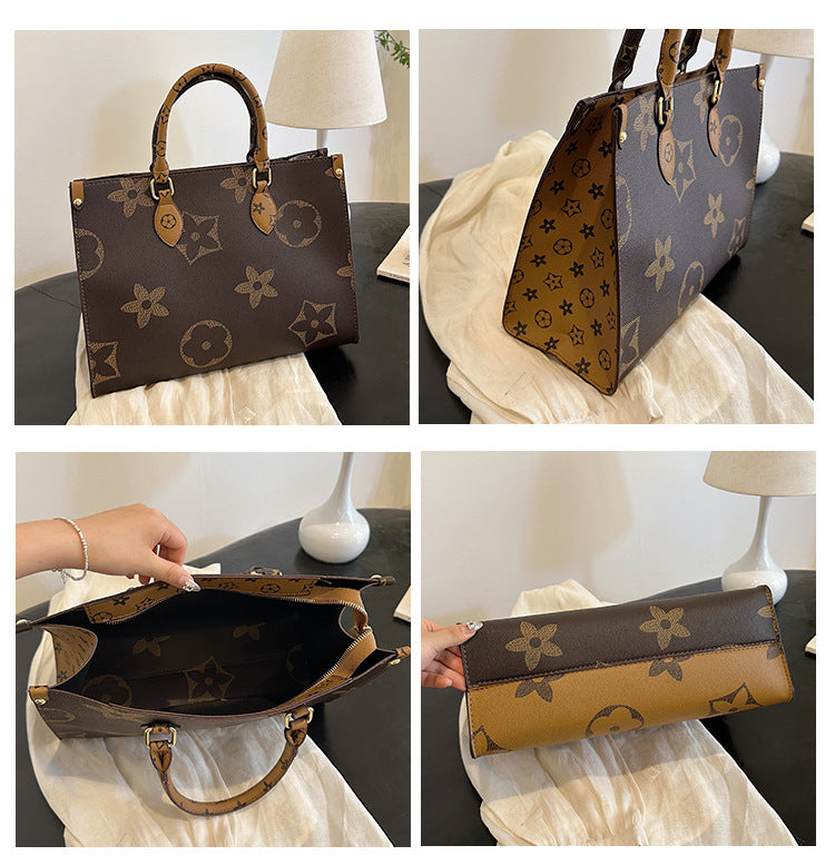 Vintage Monogram Print Structured Tote Bag – Large Capacity Top-Handle Shoulder Purse