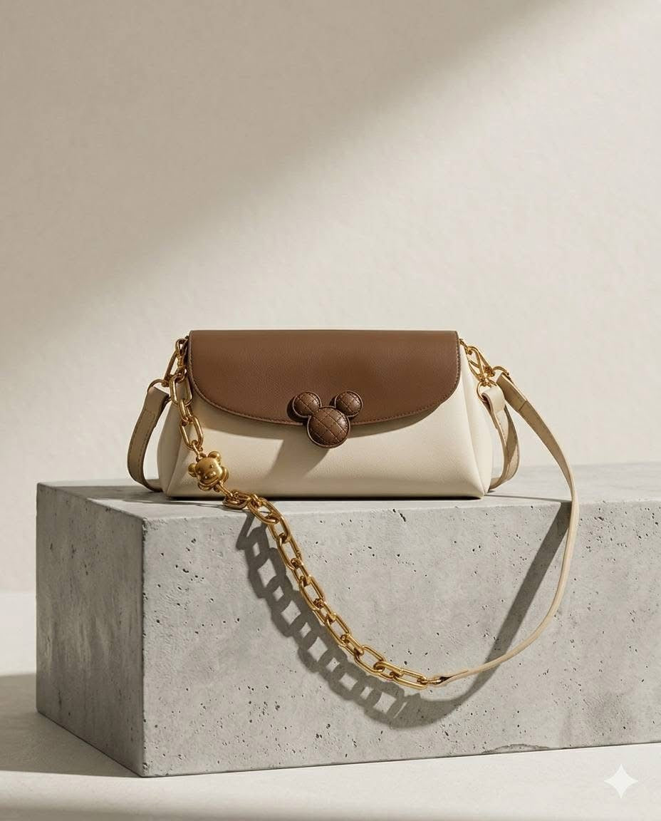 Classic Mouse Emblem Leather Shoulder Bag with Chunky Gold Chain Accents