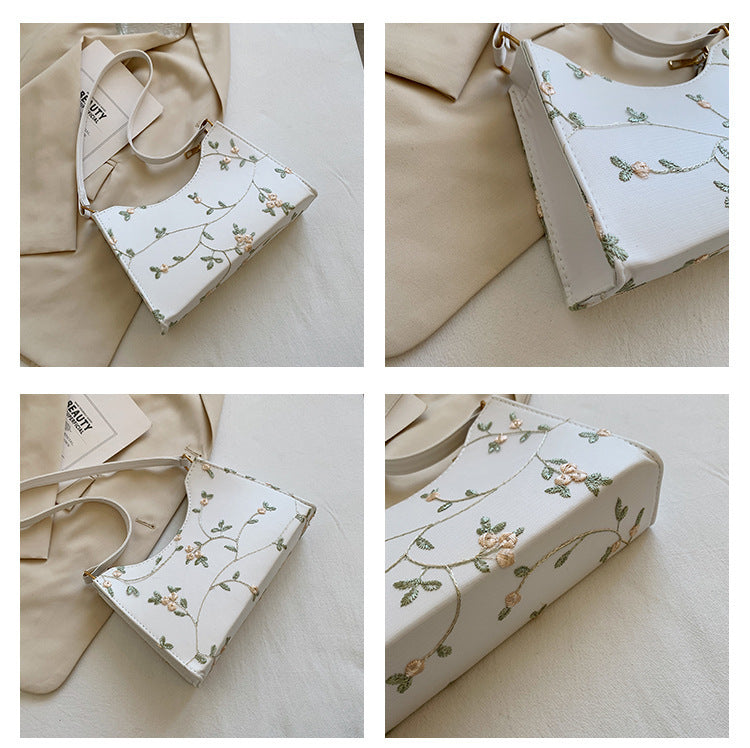Vintage Mesh Vine & Floral Shoulder Bag – Cream White