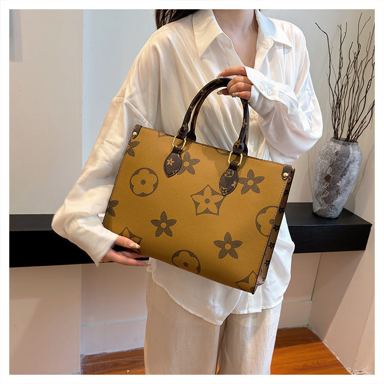 Vintage Monogram Print Structured Tote Bag – Large Capacity Top-Handle Shoulder Purse