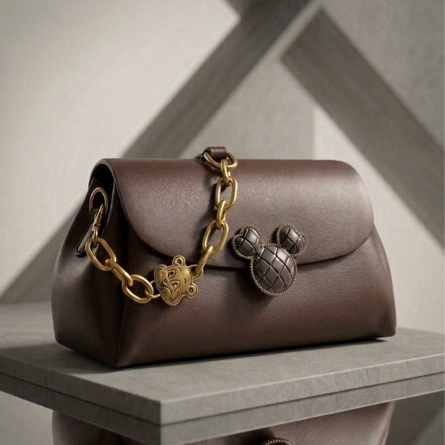 Classic Mouse Emblem Leather Shoulder Bag with Chunky Gold Chain Accents