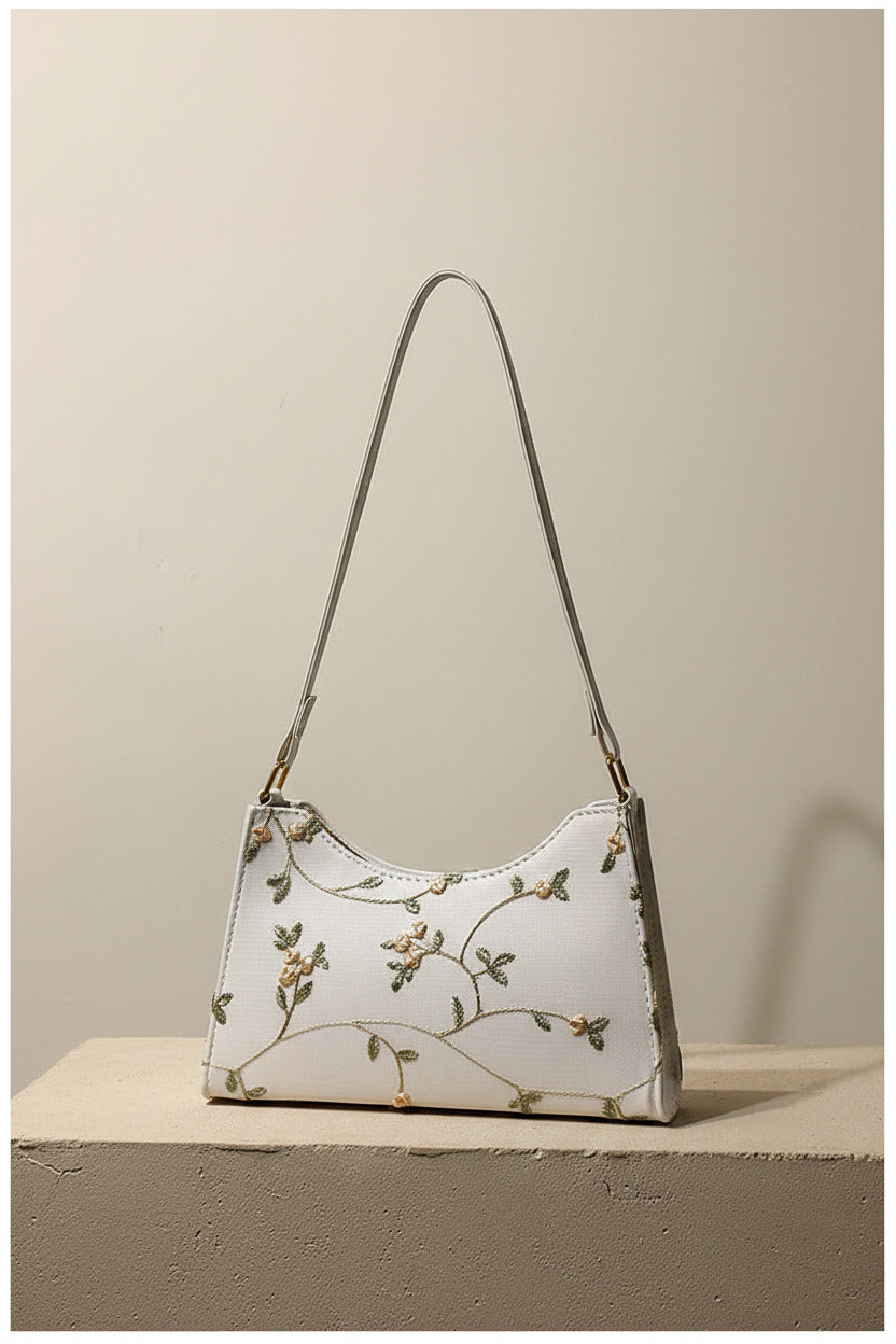 Vintage Mesh Vine & Floral Shoulder Bag – Cream White