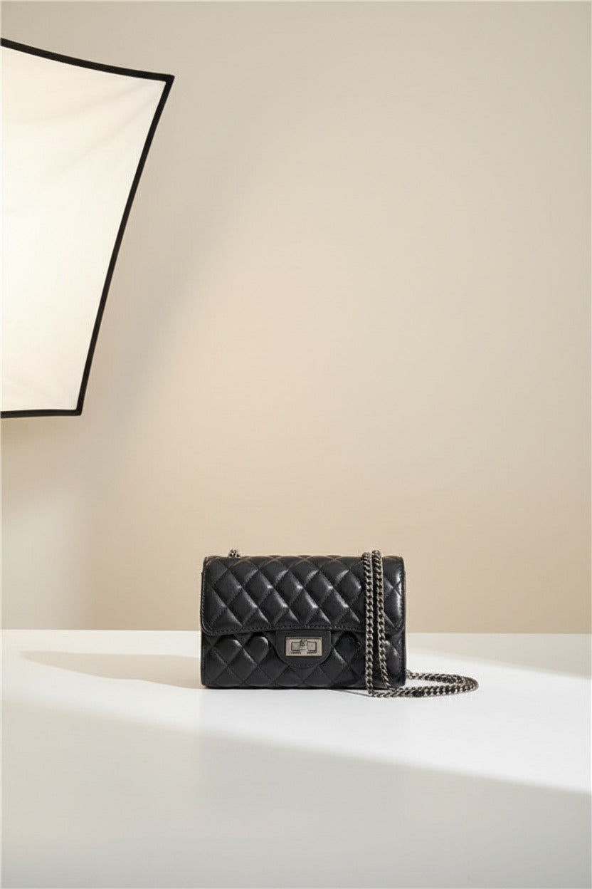 Classic Quilted Flap Shoulder Bag with Metallic Chain Strap