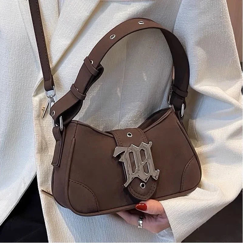 Gothic "M" Monogram Crescent Shoulder Bag with Dual Straps
