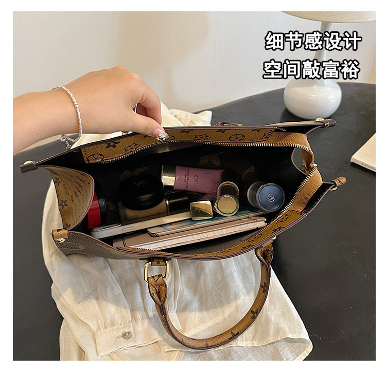 Vintage Monogram Print Structured Tote Bag – Large Capacity Top-Handle Shoulder Purse