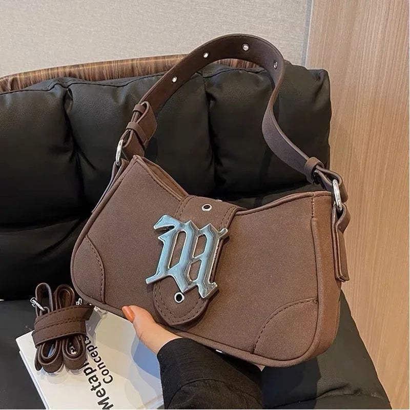 Gothic "M" Monogram Crescent Shoulder Bag with Dual Straps